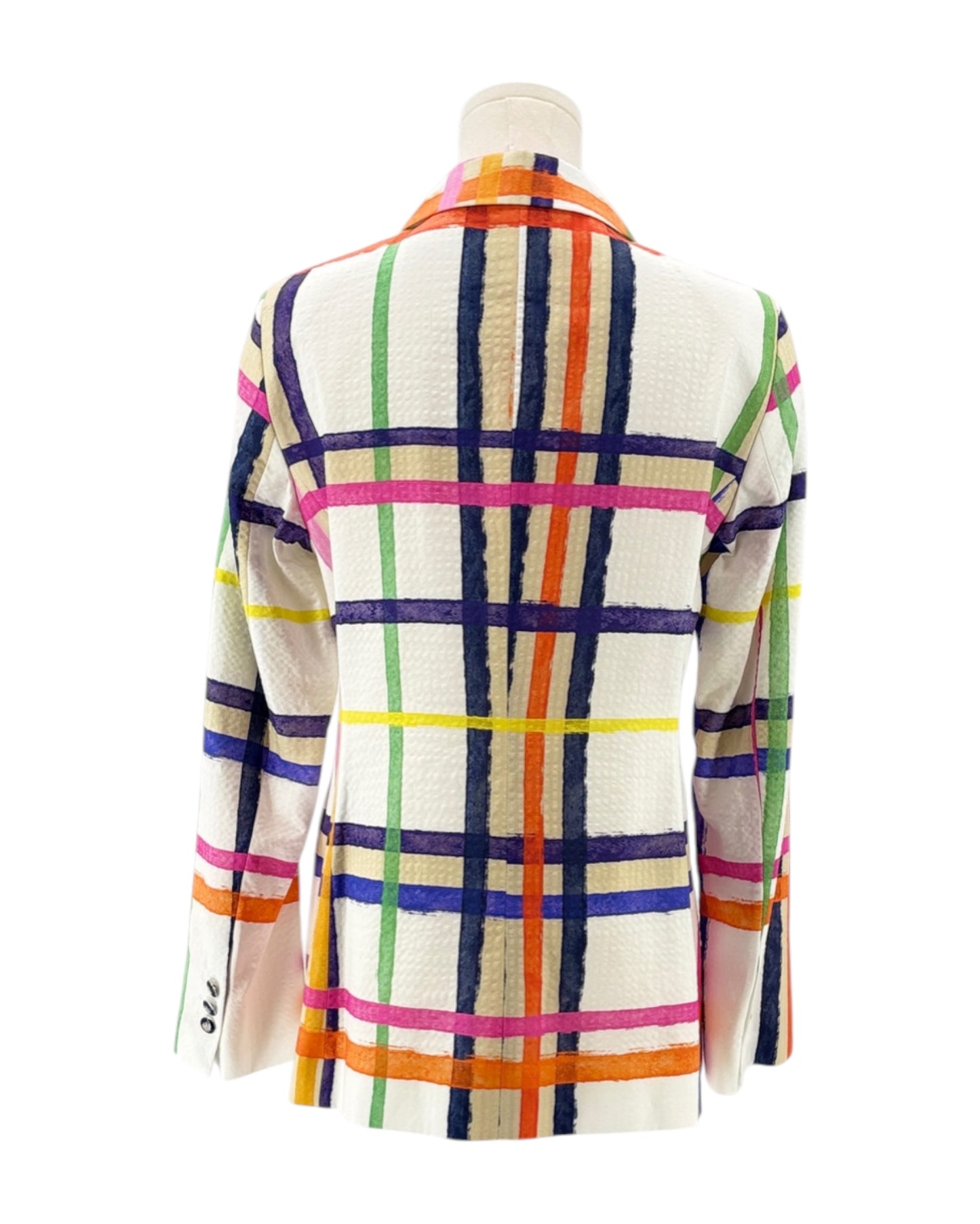 Colorful plaid jacket on a mannequin against a white background