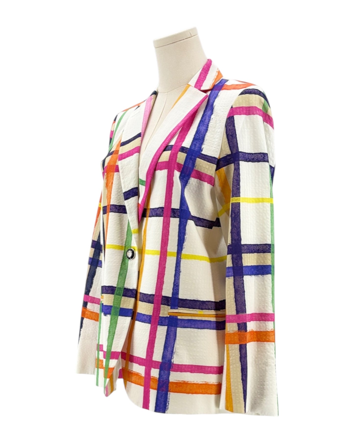 Colorful checkered jacket on a mannequin against a white background