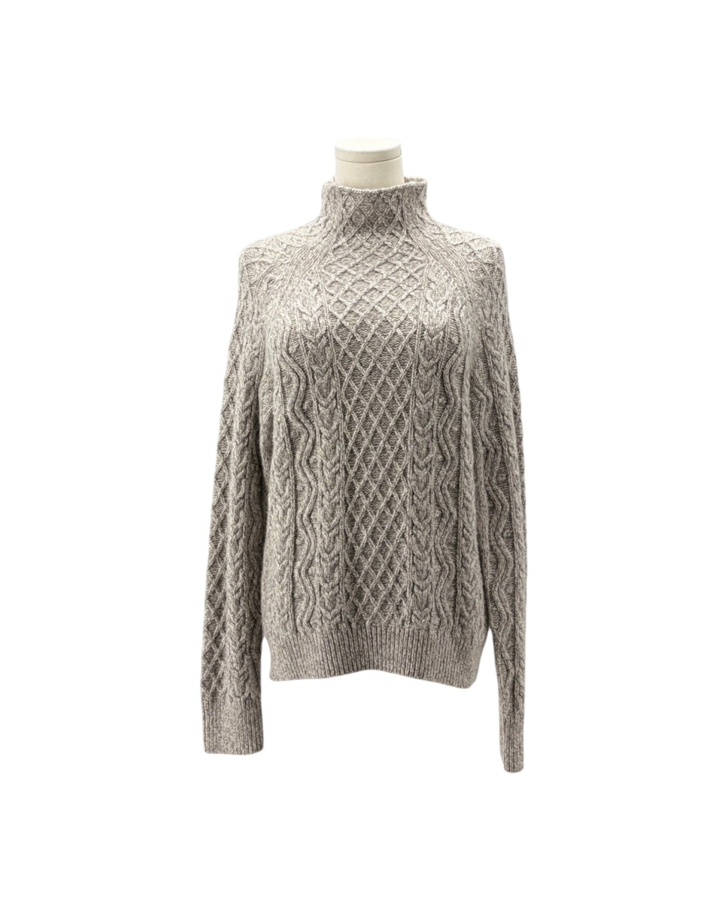A light gray cable-knit mock neck sweater displayed on a mannequin torso against a plain white background.