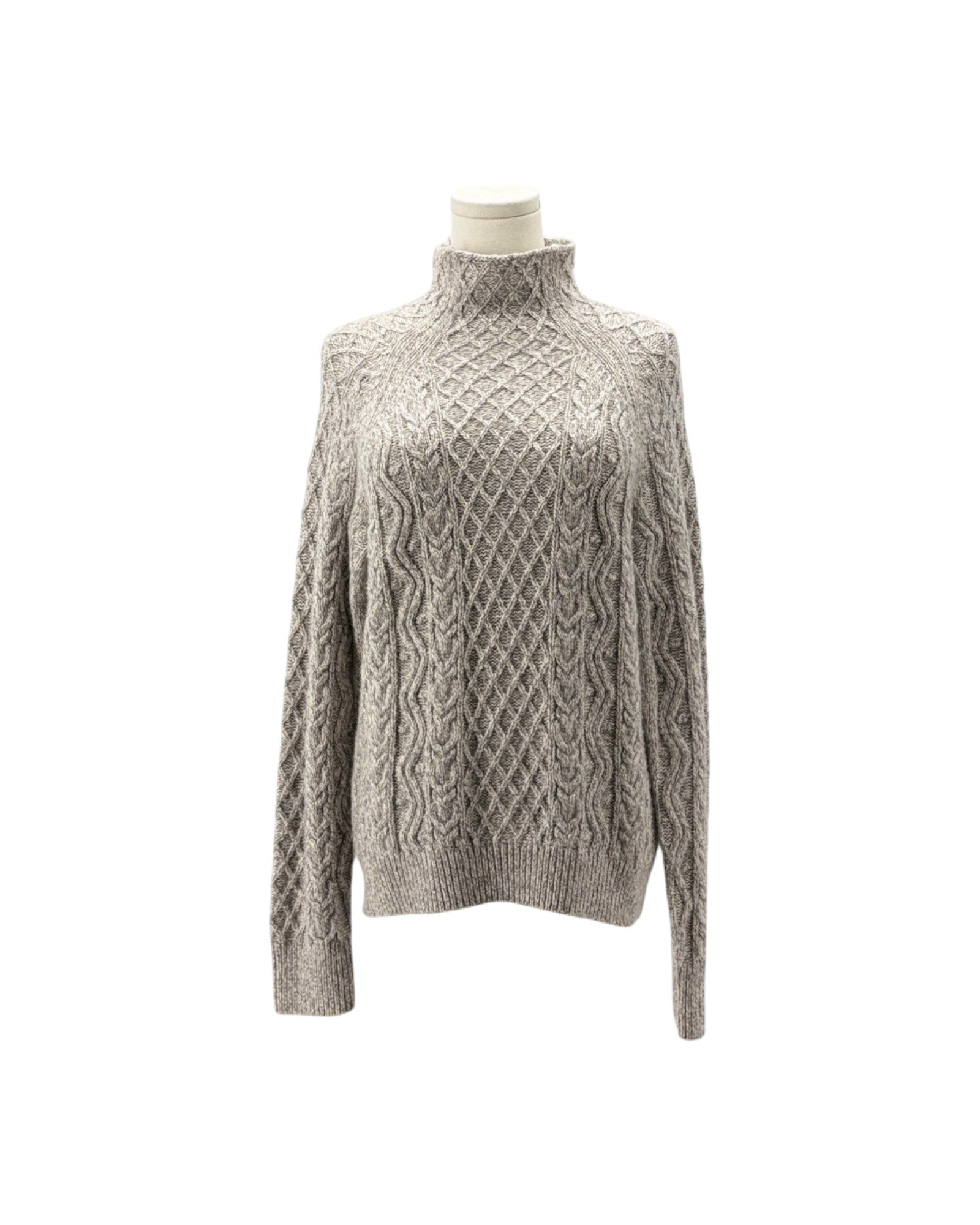 A light gray cable-knit mock neck sweater displayed on a mannequin torso against a plain white background.