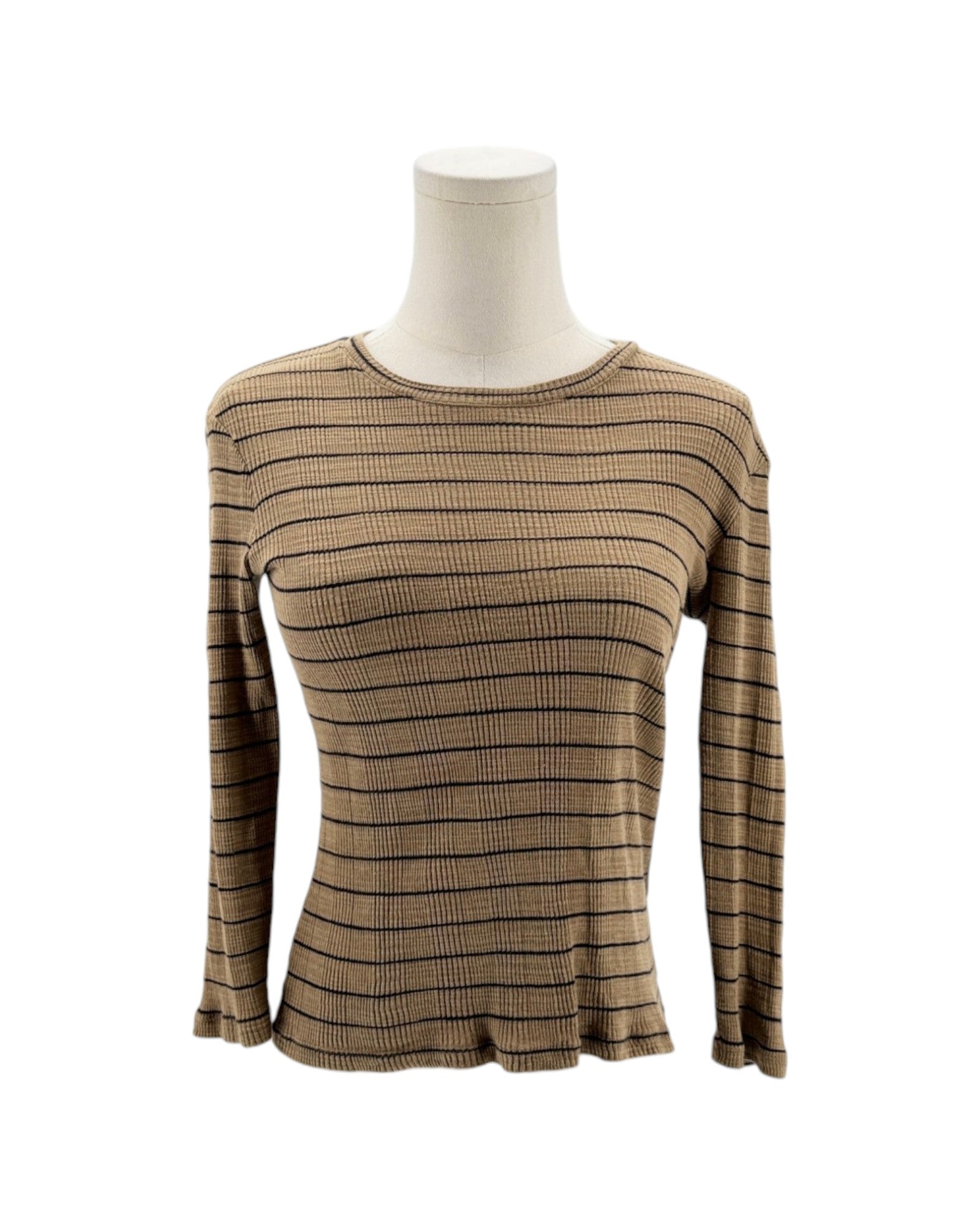 Mannequin wearing a brown and black striped long-sleeve top on a white background