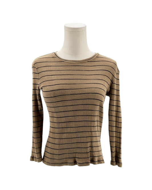 Mannequin wearing a brown and black striped long-sleeve top on a white background