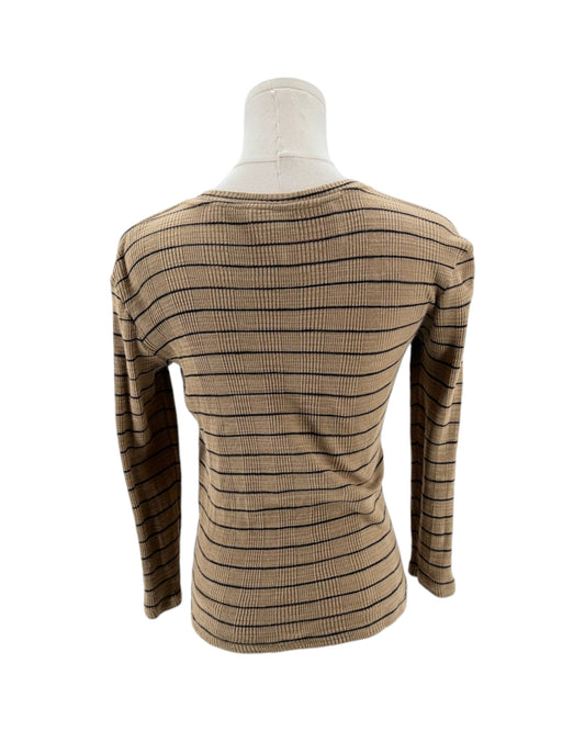 Mannequin wearing a brown and black striped long-sleeve top on a white background