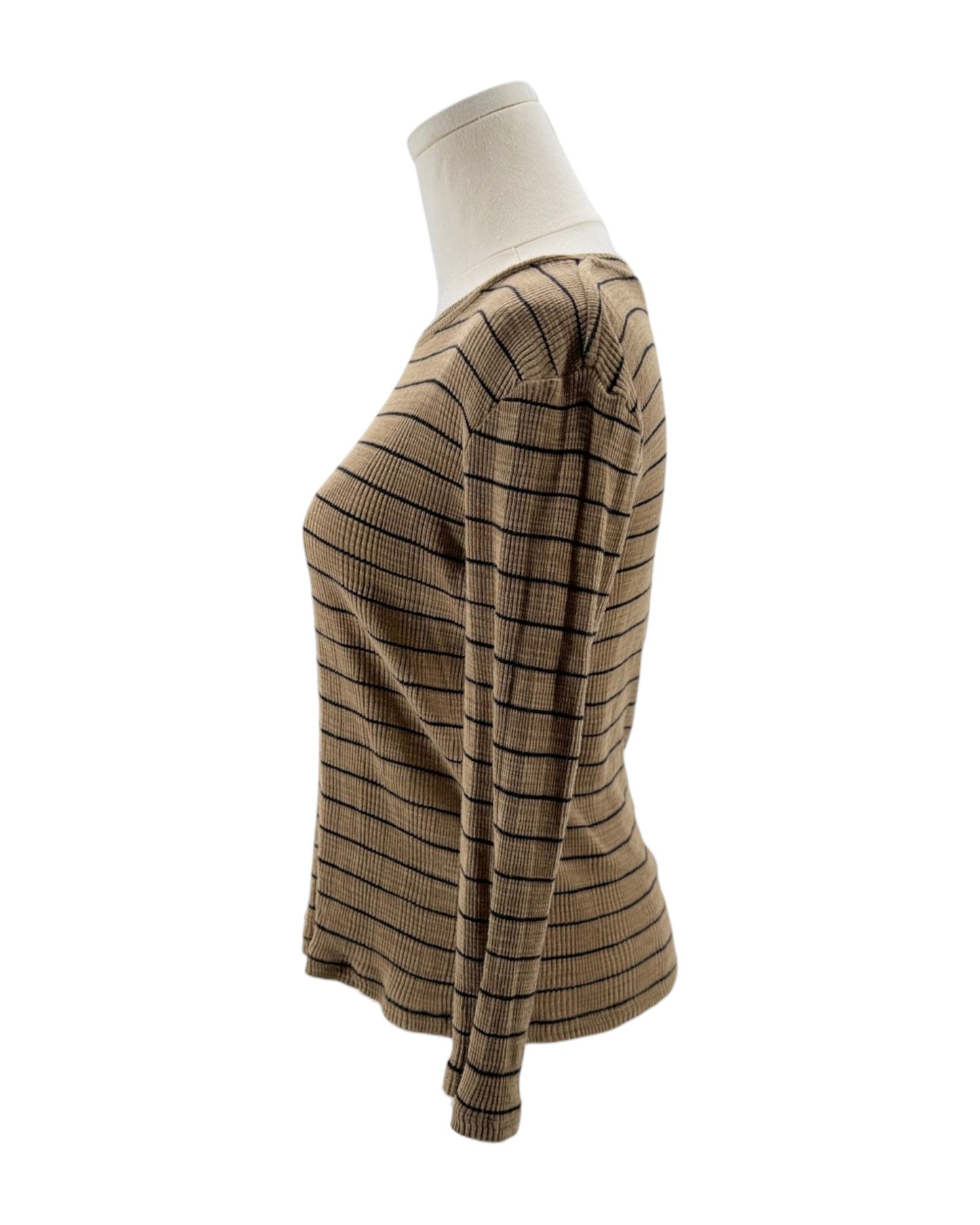 Beige and brown striped sweater on a mannequin against a white background