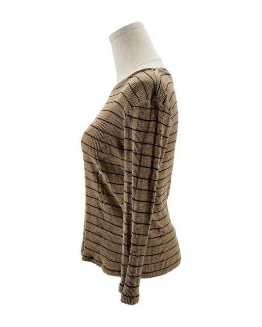 Beige and brown striped sweater on a mannequin against a white background