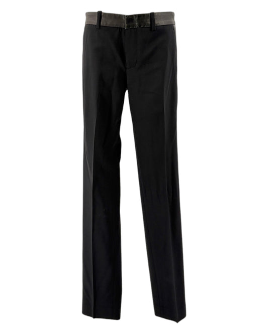 Black pants with a leather waistband on a white background