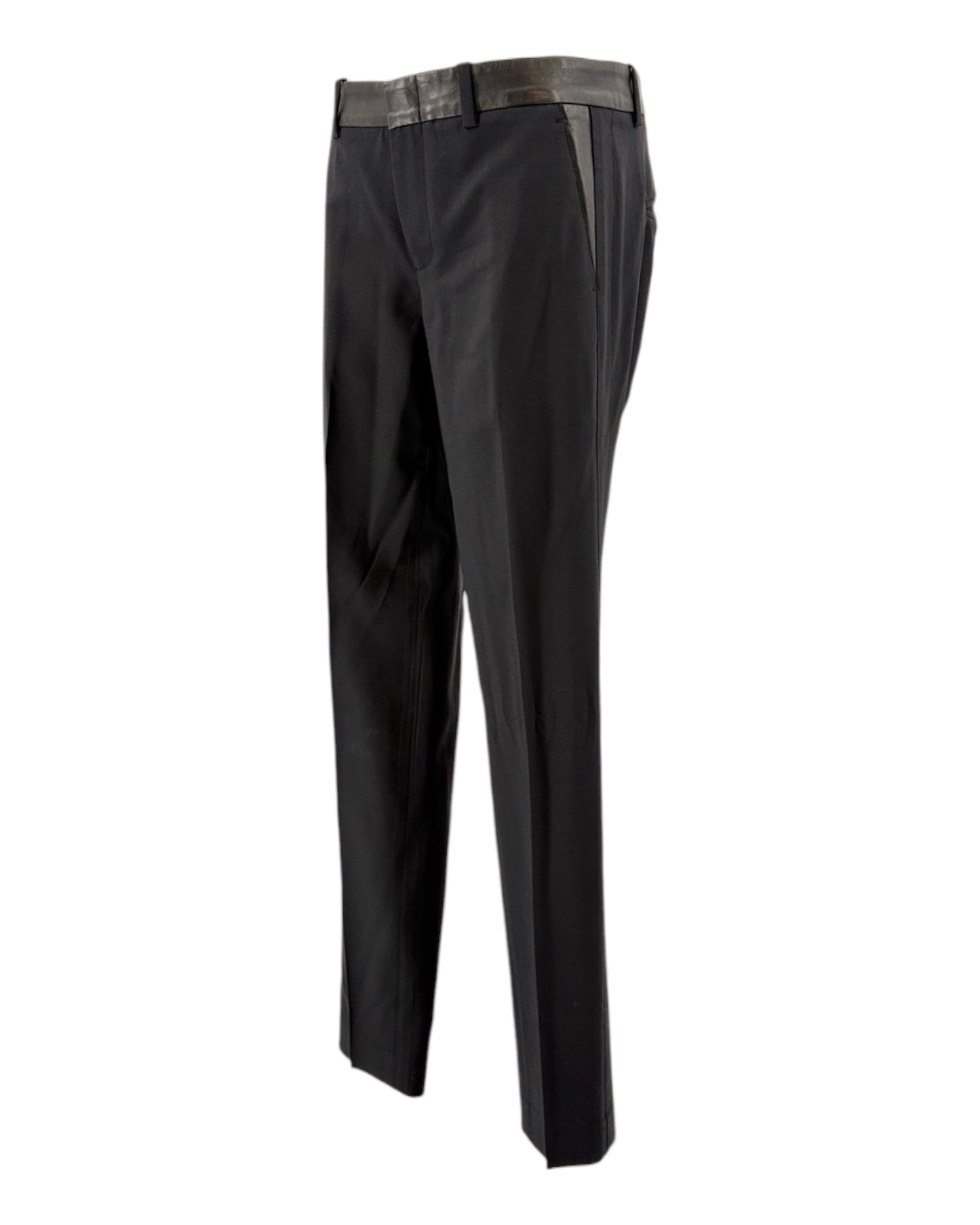 Black pants with a leather waistband on a white background
