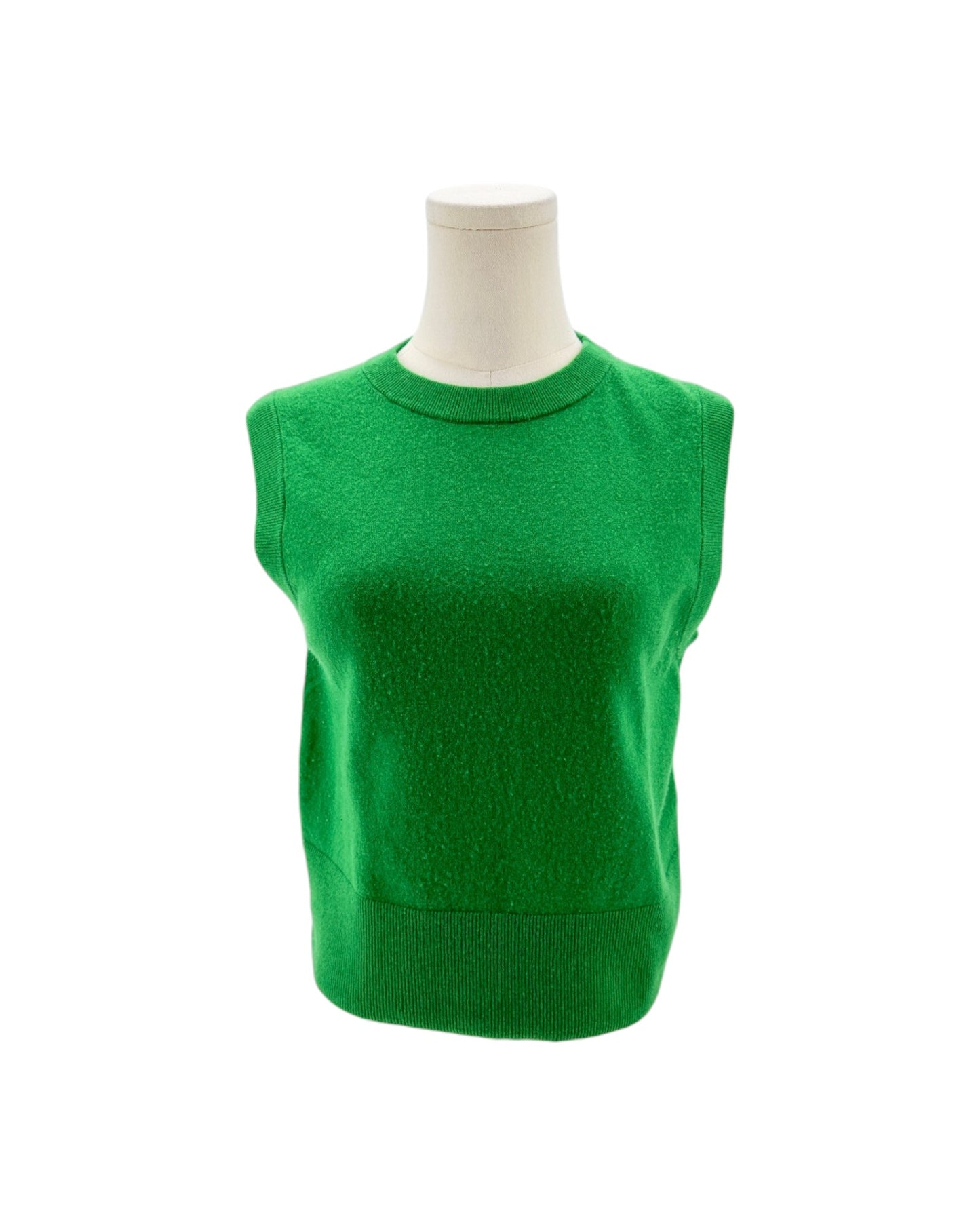 A bright green sleeveless knit sweater vest displayed on a white mannequin torso against a plain white background.