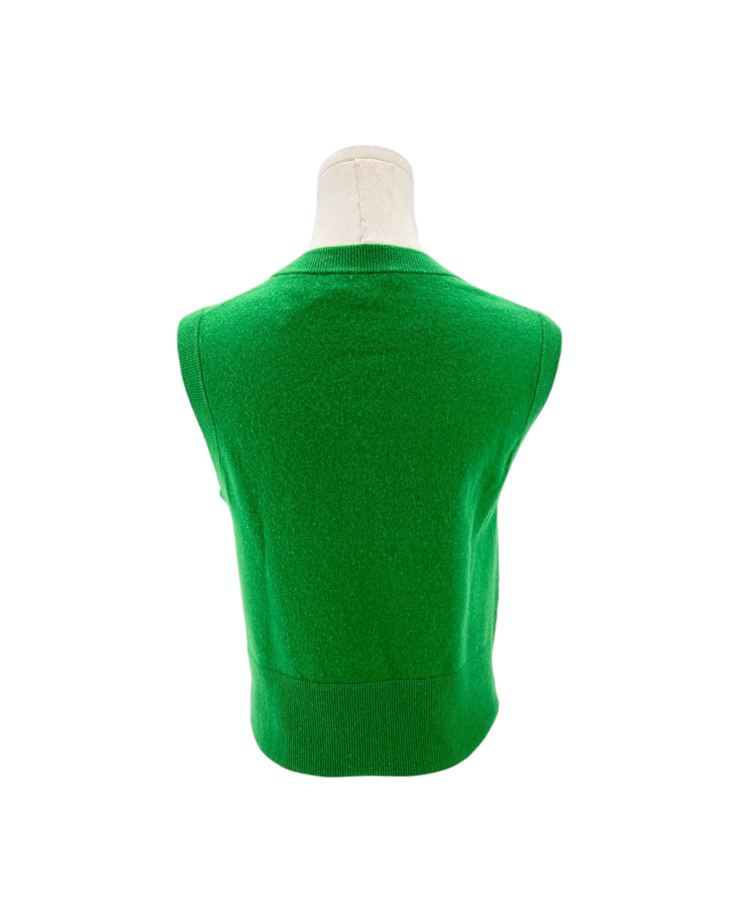 A bright green sleeveless knit sweater displayed on a mannequin torso against a plain white background.