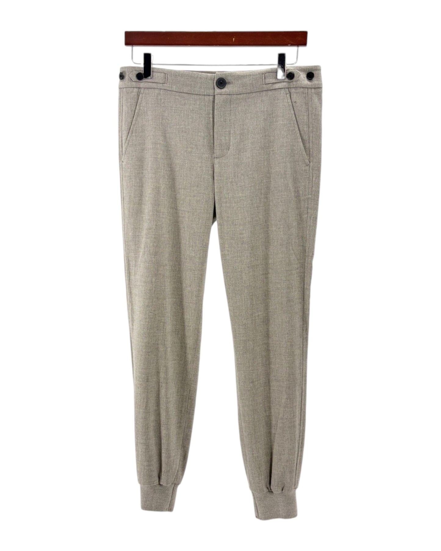 Gray wool jogger pants on a white background