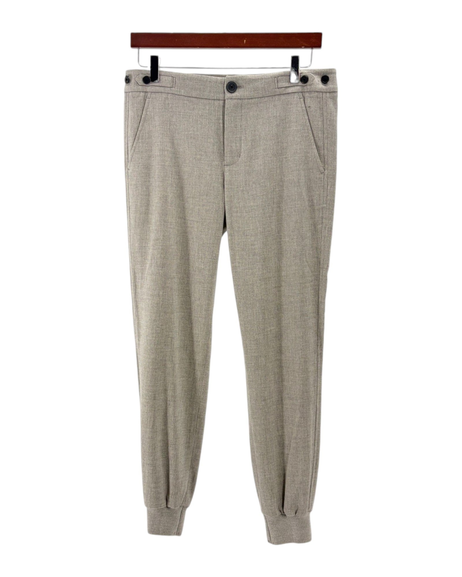 Gray wool jogger pants on a white background