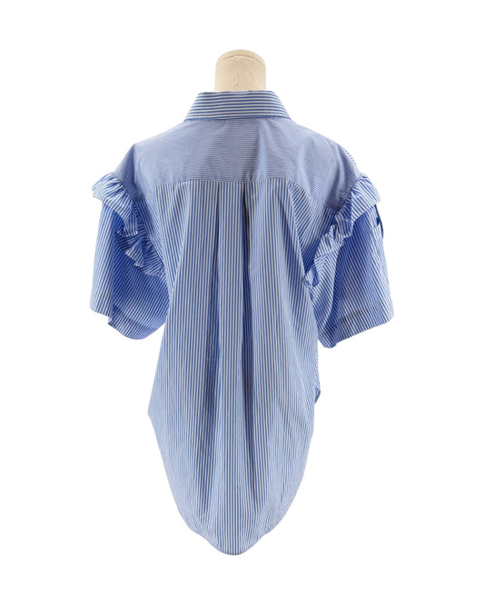Blue and white striped blouse with ruffled sleeves on a mannequin against a white background