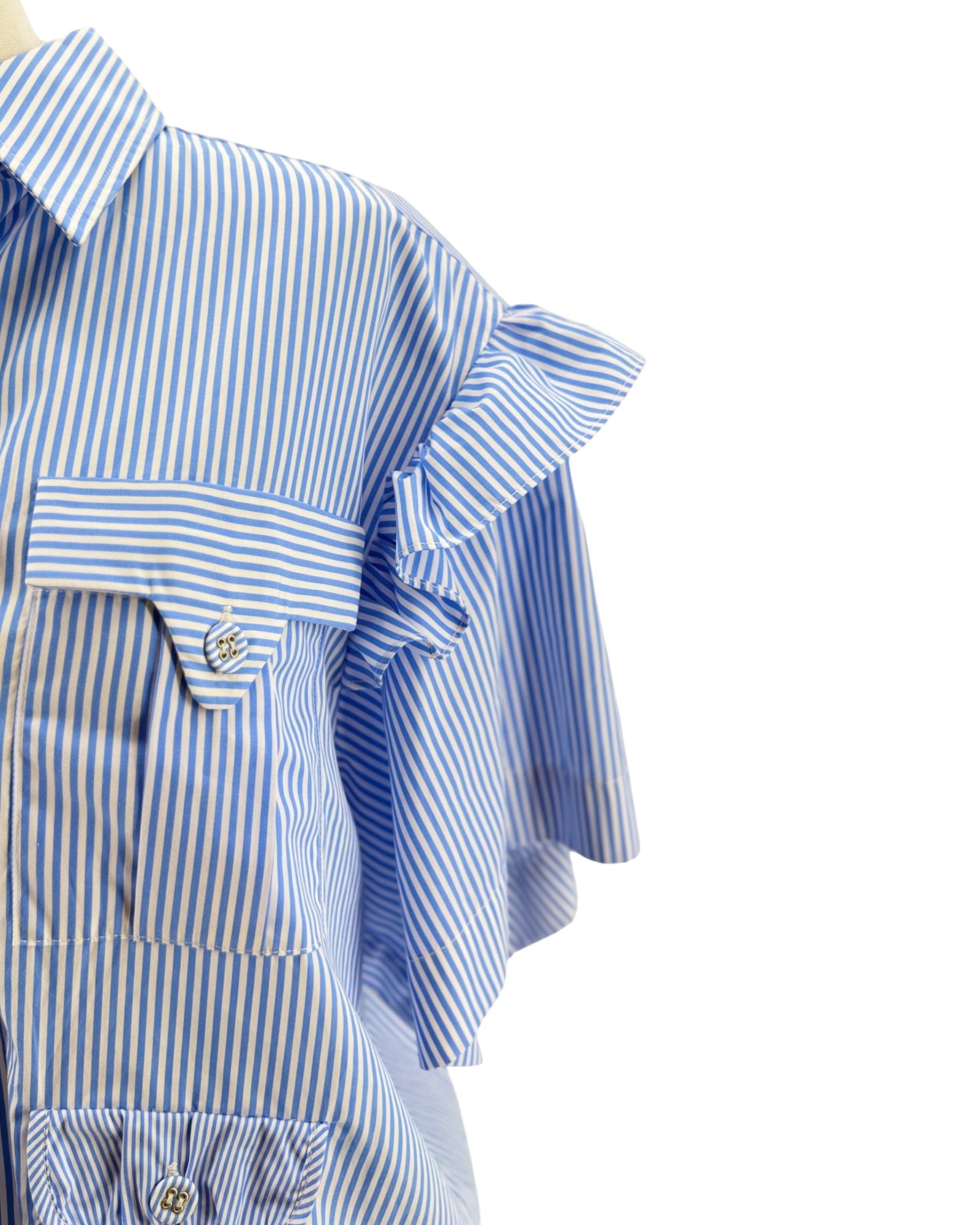 Blue and white striped shirt with ruffled sleeves on a mannequin against a white background