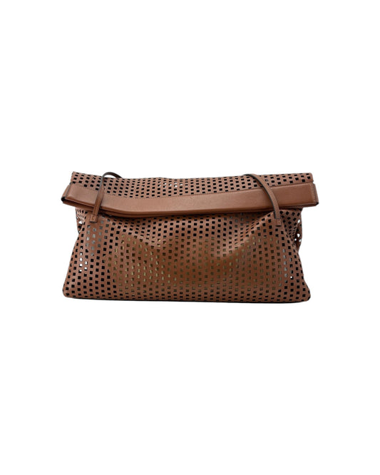 A brown leather tote bag with a perforated pattern on the main body and a solid leather heandle , shown against a plain white background.
