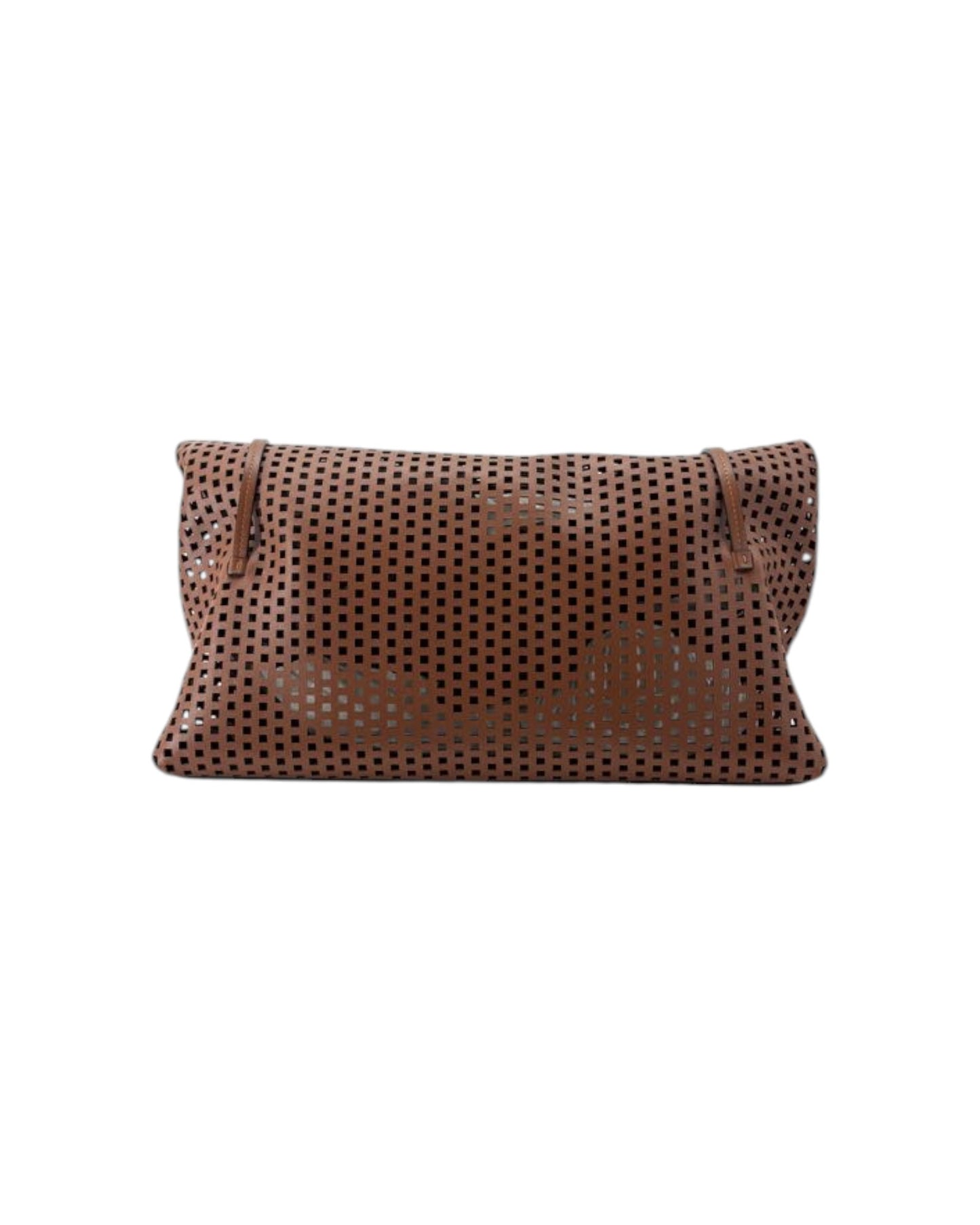 A brown leather tote bag with an all-over perforated dot pattern, shown against a plain white background.