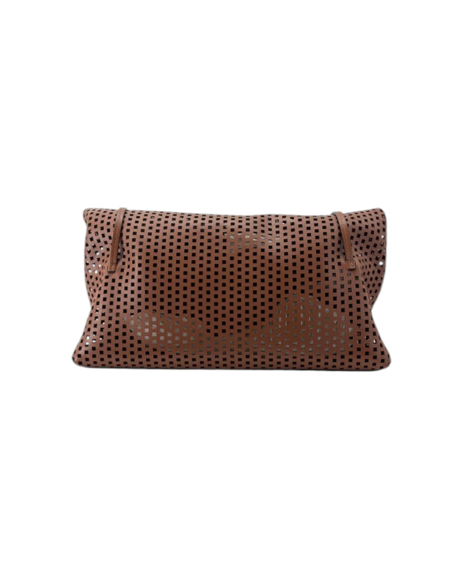 A brown leather tote bag with an all-over perforated dot pattern, shown against a plain white background.