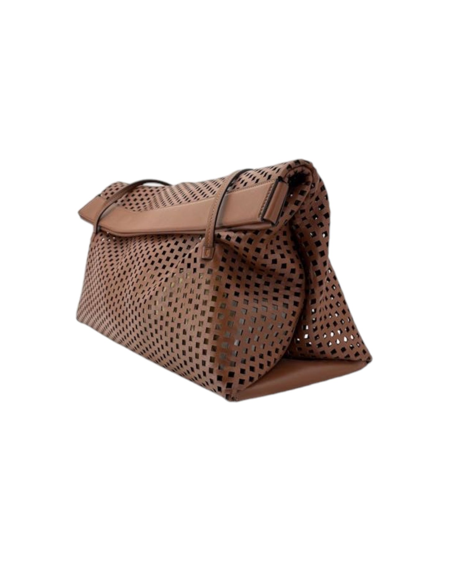 A brown leather tote bag with a perforated cutout pattern, featuring a matching leather strap and a structured shape, shown on a plain white background.