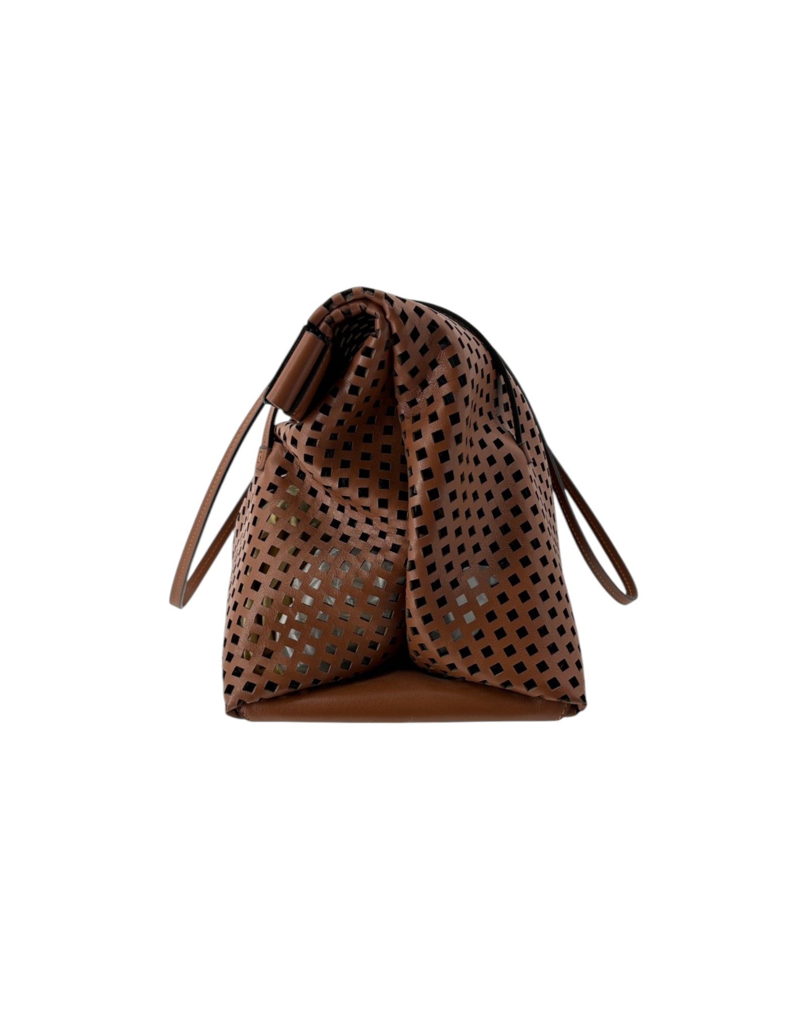 A brown leather tote bag with a geometric perforated pattern, featuring a drawstring top and a single shoulder strap, shown against a plain white background.