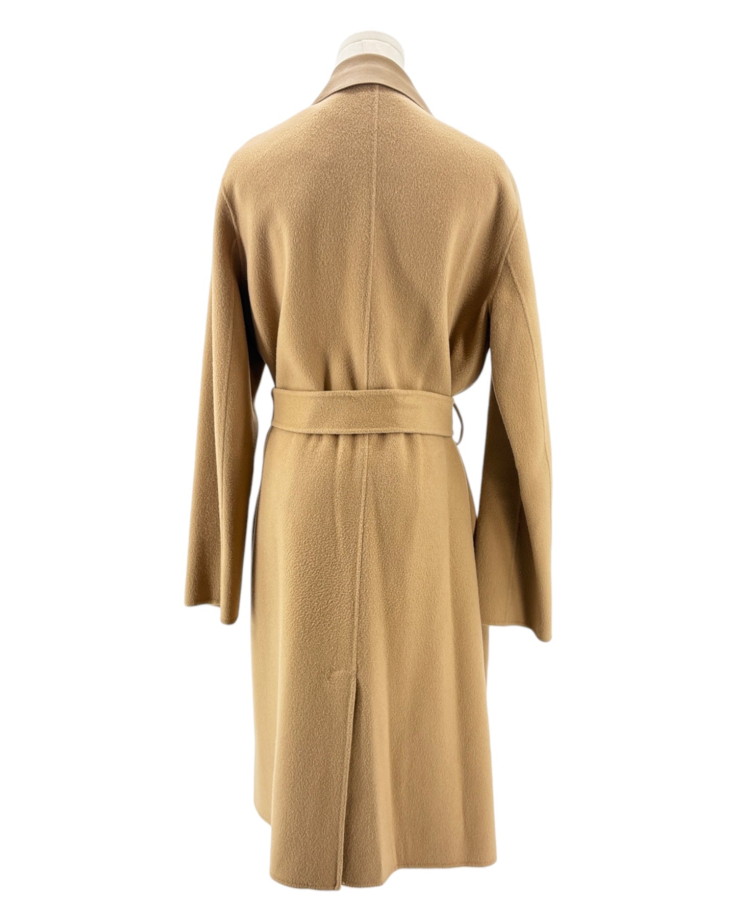 Beige trench coat on a mannequin against a white background