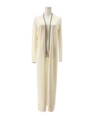 Long cream cardigan on a mannequin against a white background