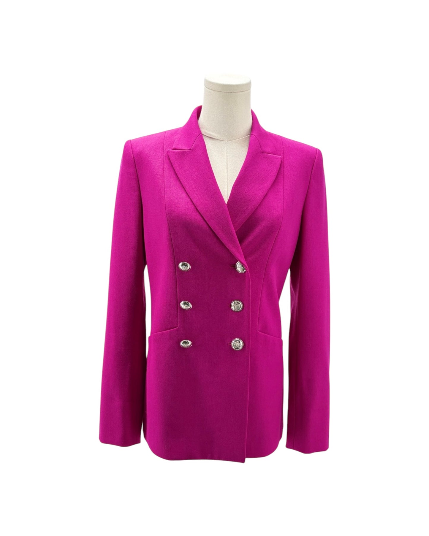 A bright magenta double-breasted blazer with silver buttons, displayed on a white mannequin torso against a plain white background.