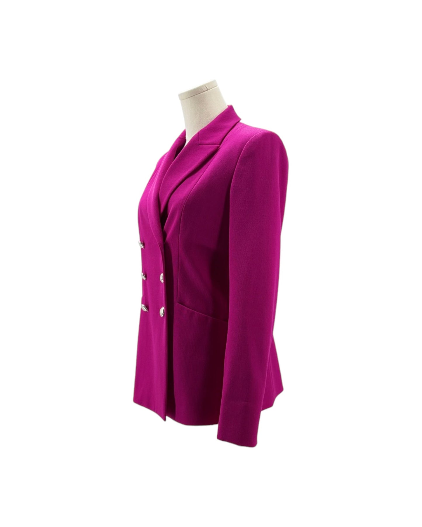 A bright magenta double-breasted blazer displayed on a cream mannequin torso against a plain white background.