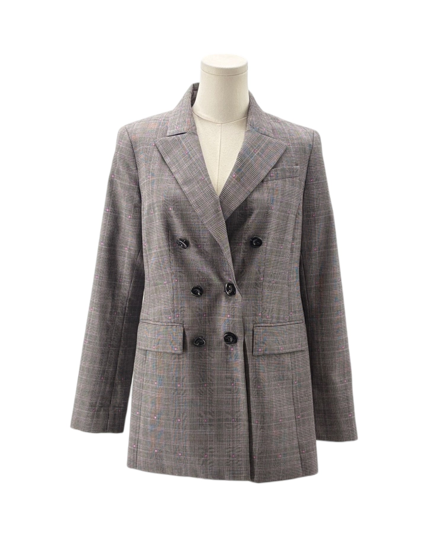 Gray checkered blazer on a mannequin against a white background