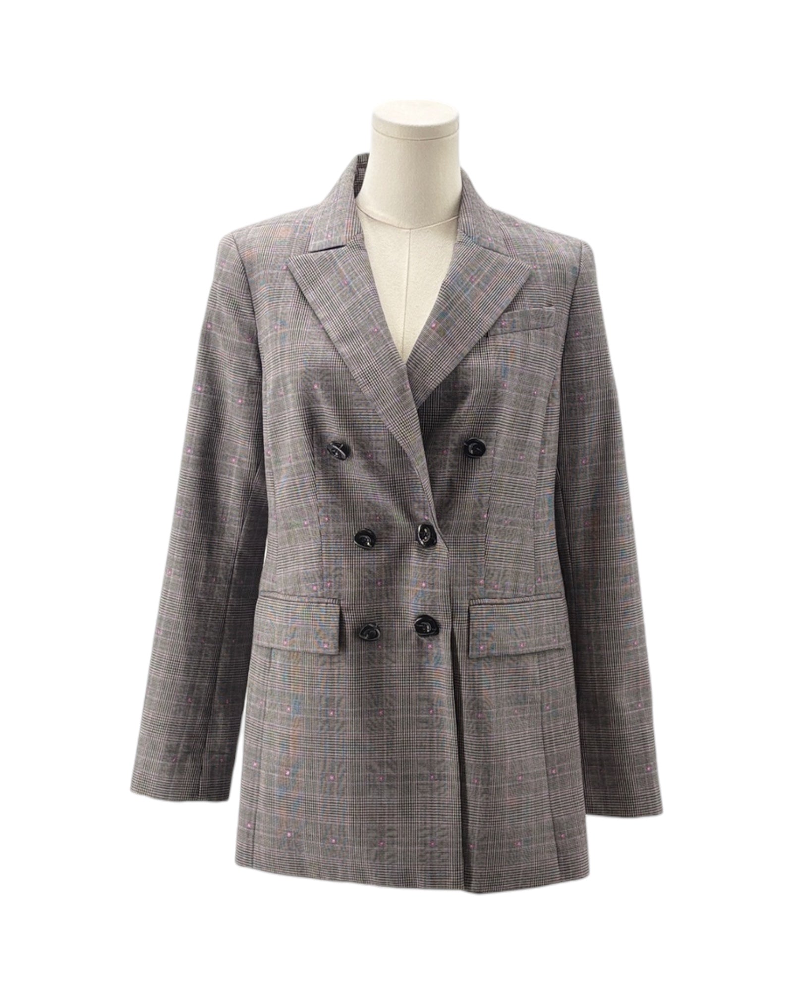 Gray checkered blazer on a mannequin against a white background