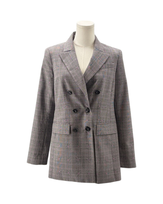 Gray checkered blazer on a mannequin against a white background