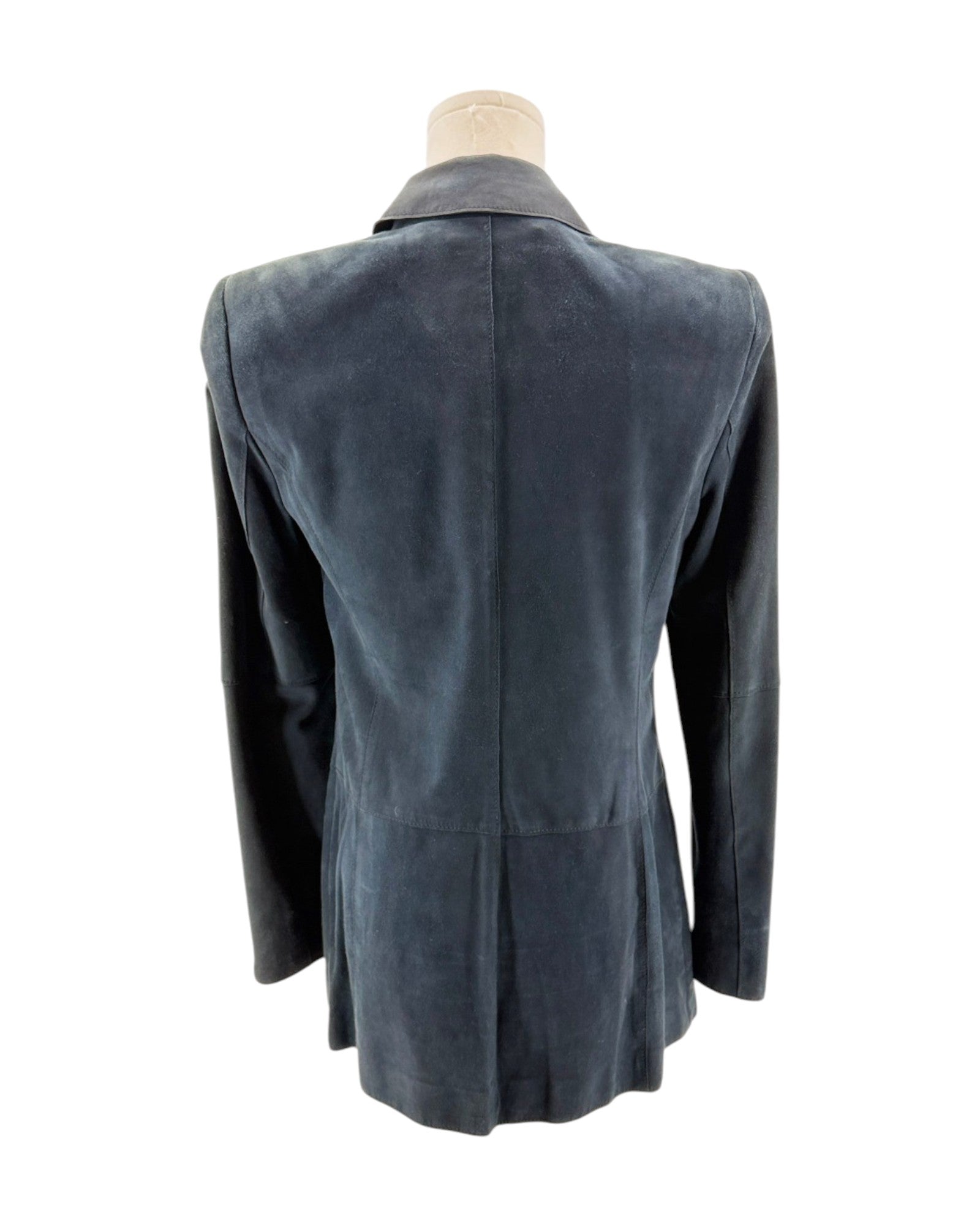 Dark blue blazer on a mannequin against a white background