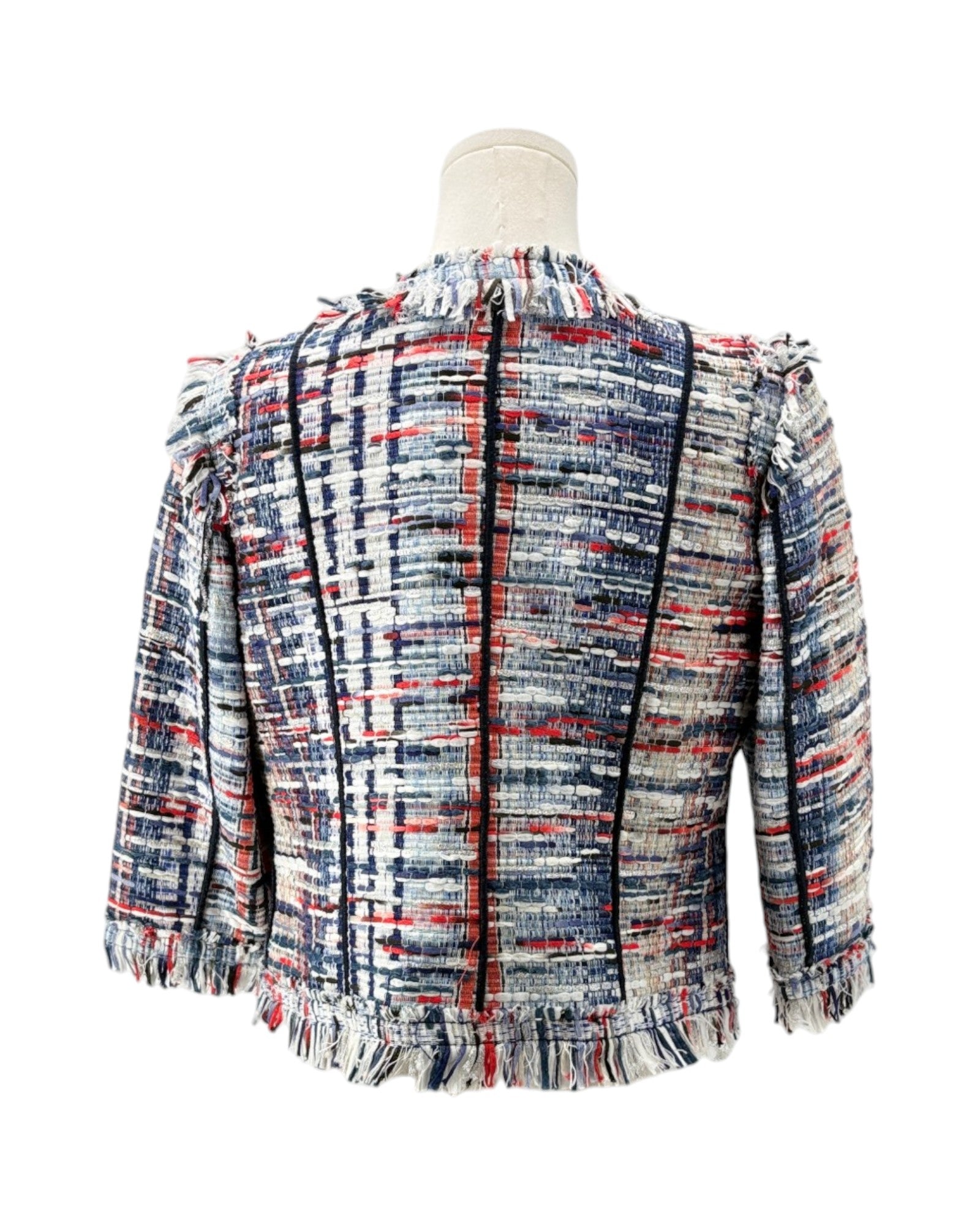 Multicolored plaid jacket on a mannequin against a white background