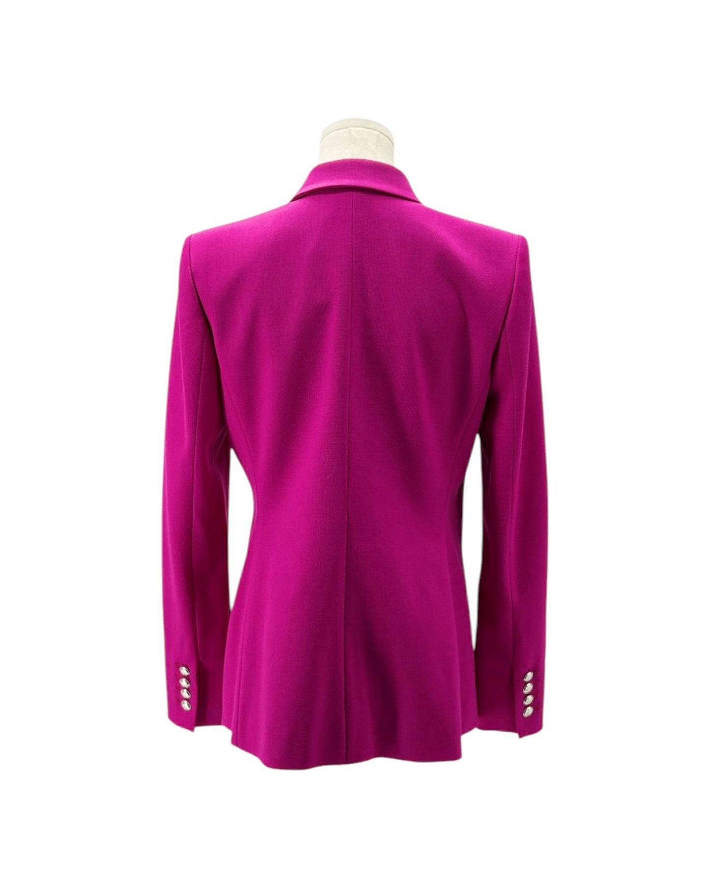 A bright magenta pink blazer shown from the back on a mannequin torso against a plain white background.