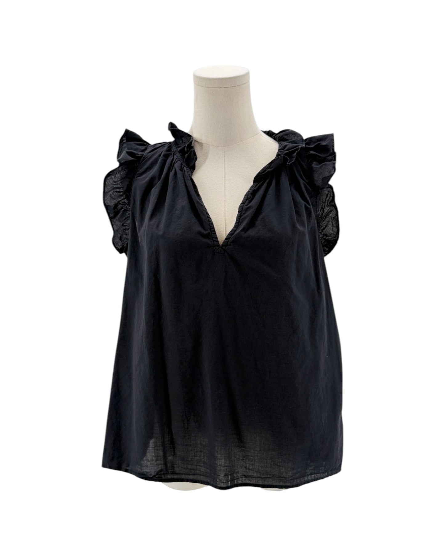 Black sleeveless top on a mannequin against a white background