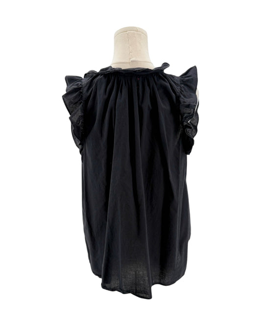 Black dress with ruffled sleeves on a mannequin against a white background