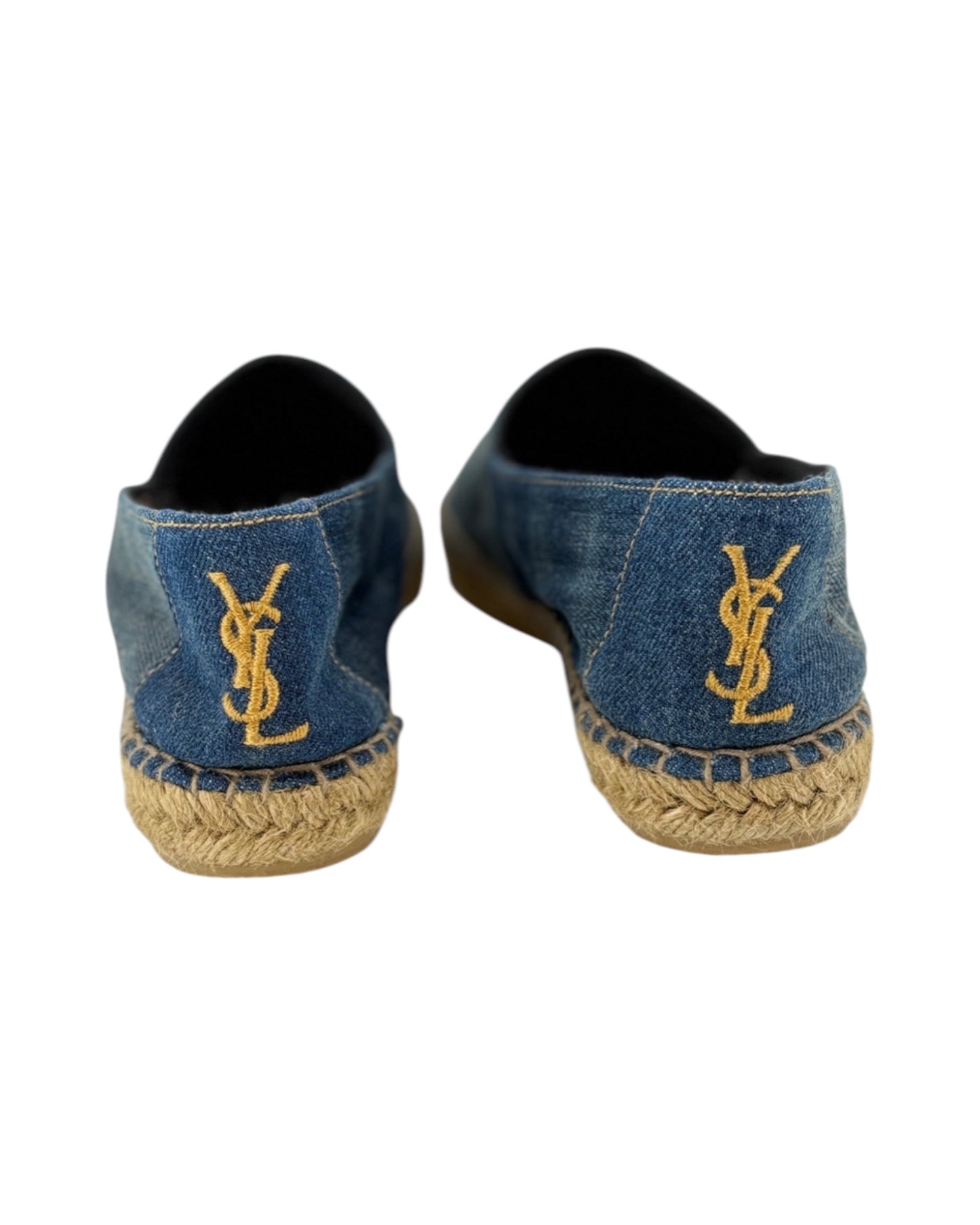 Pair of denim shoes with a logo on a white background