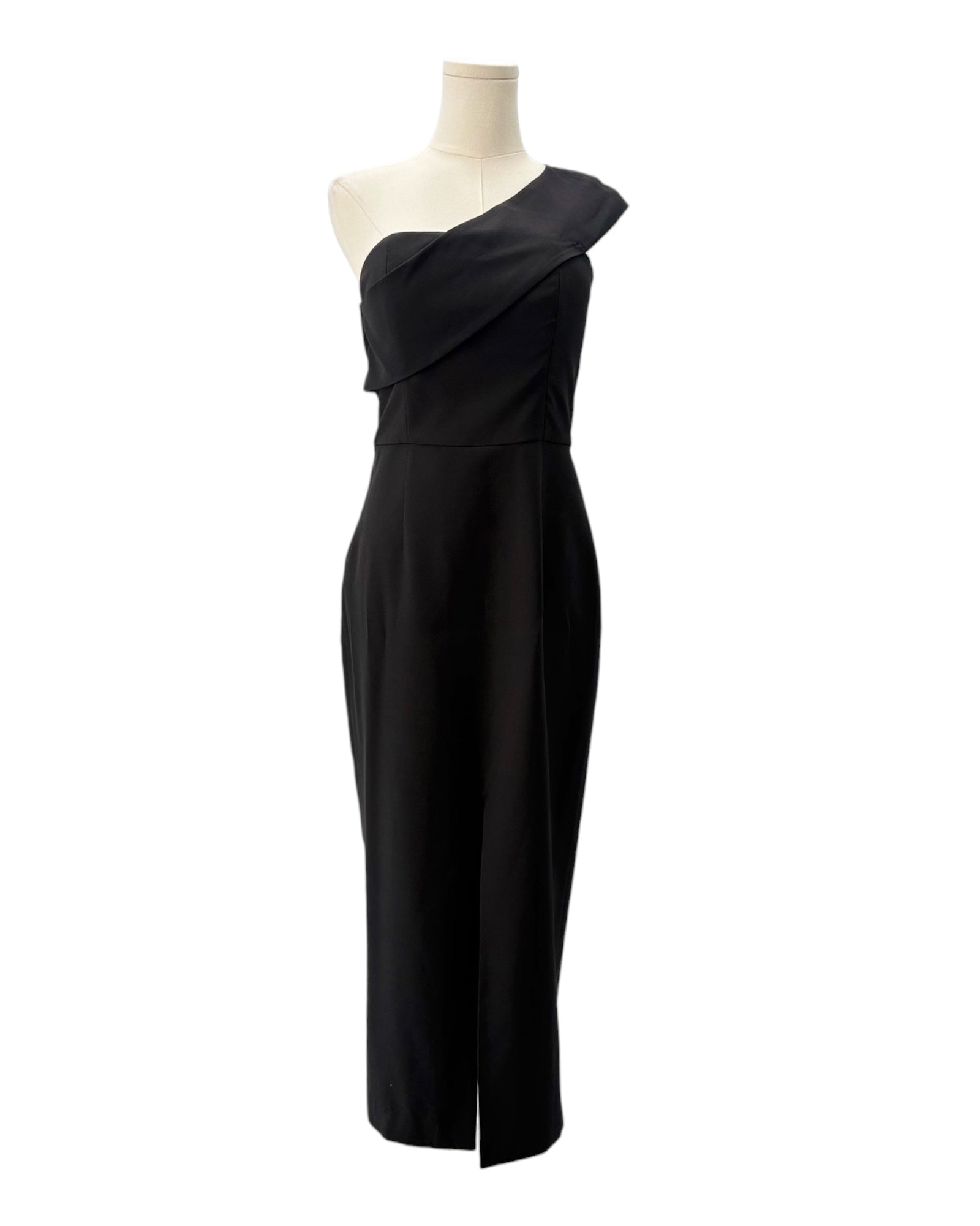 Black one-shoulder dress on a mannequin against a white background