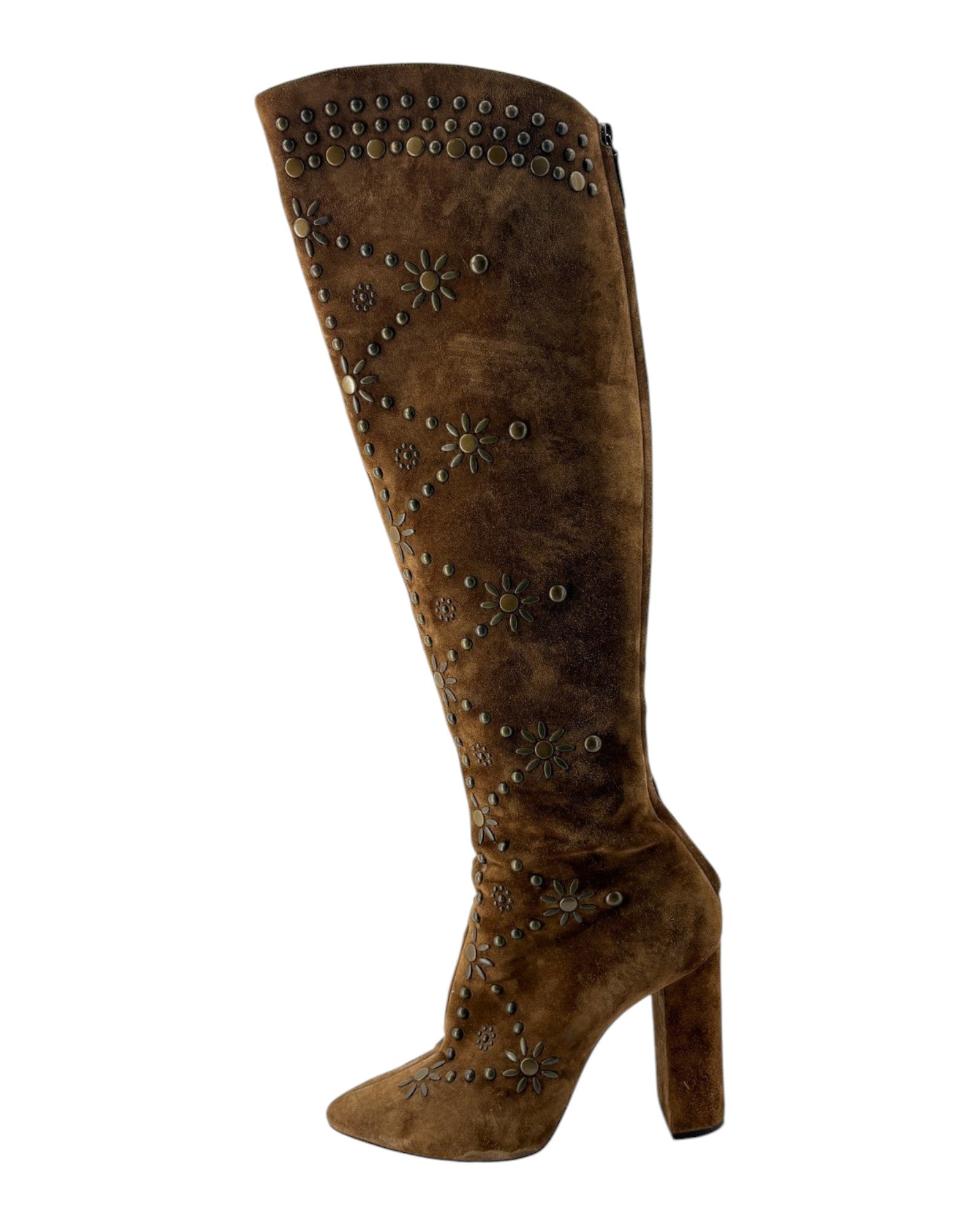 Brown knee-high boot with decorative studs on a white background