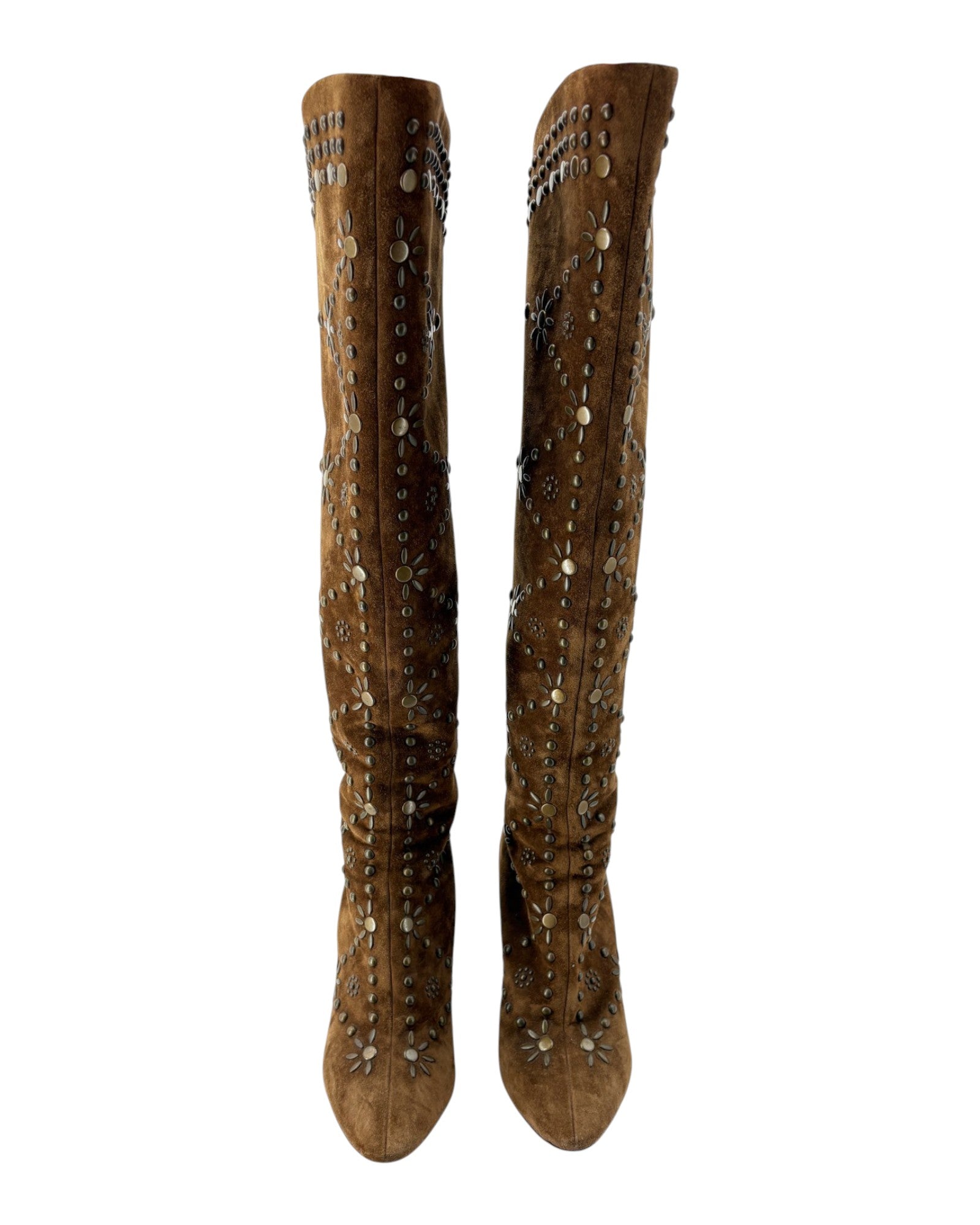 Brown knee-high boots with decorative elements on a white background