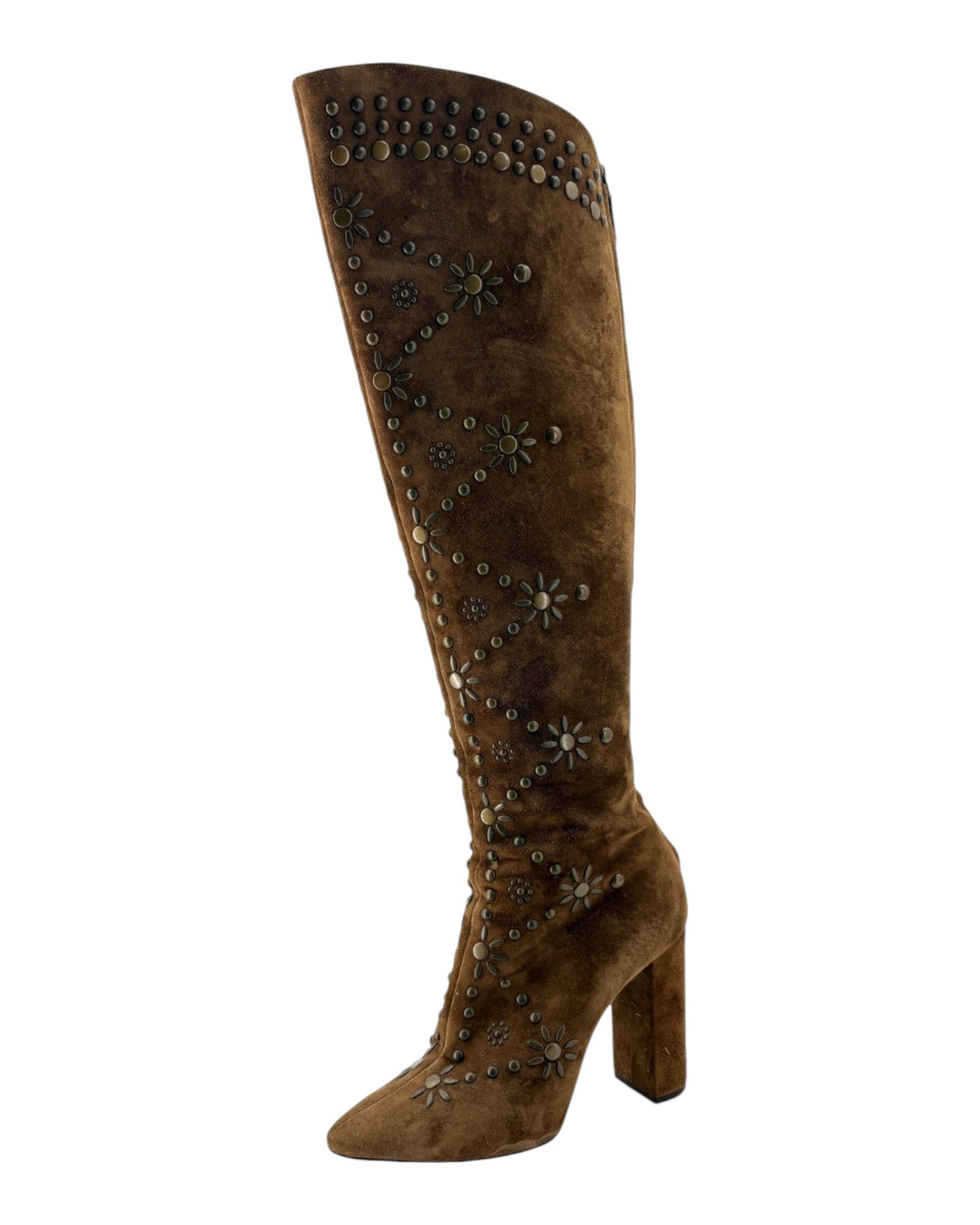 Brown knee-high boot with embellishments on a white background