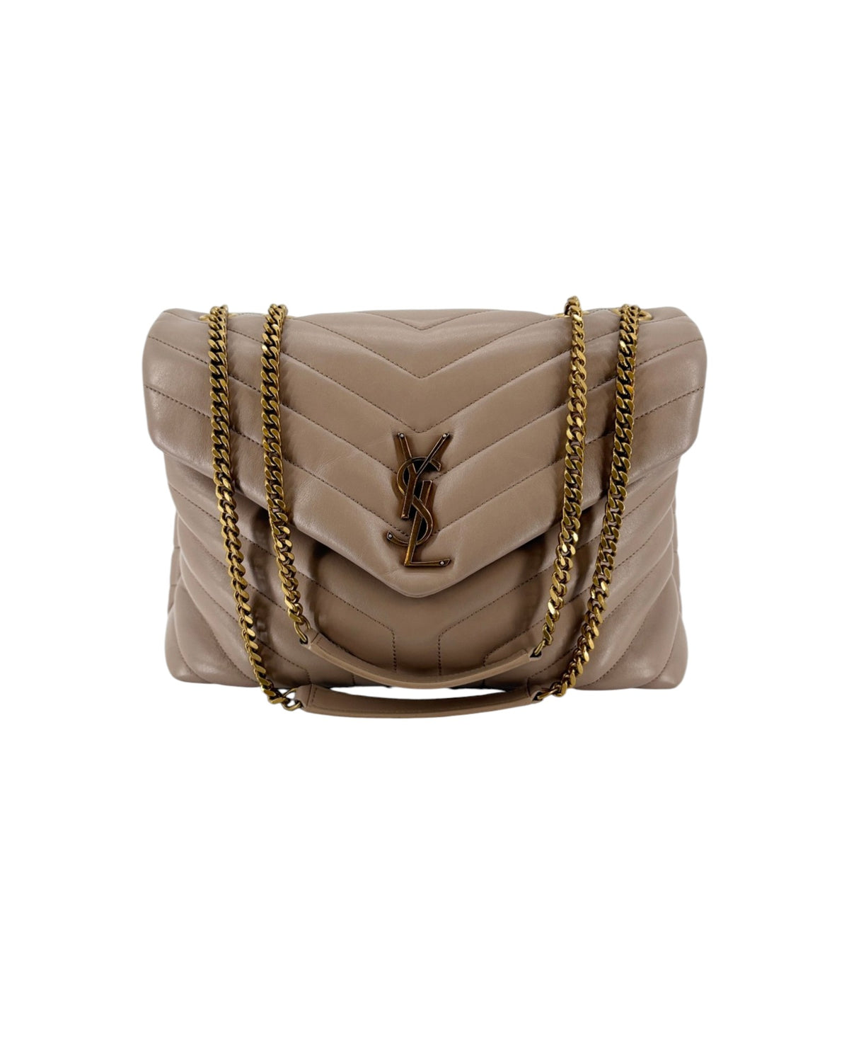 Beige handbag with gold YSL hardware on a white background
