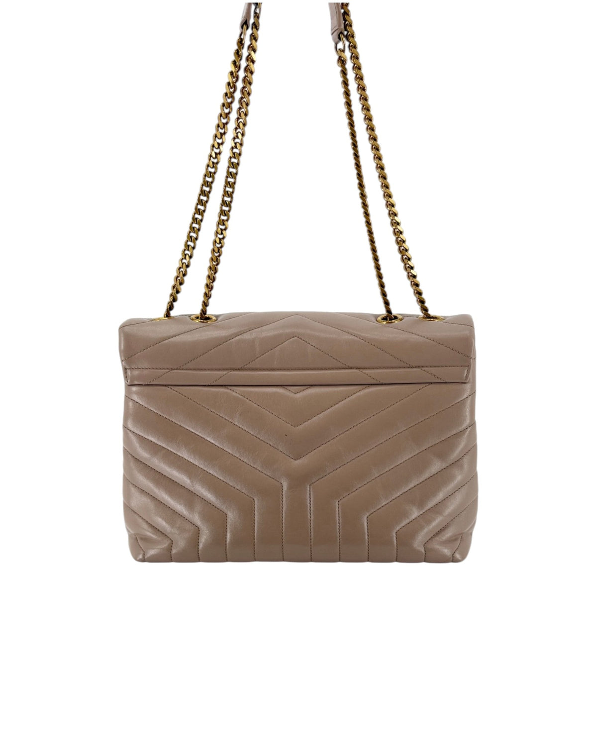 Beige handbag with gold hardware on a white background
