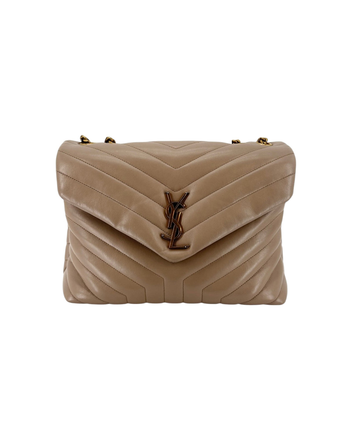 Beige handbag with gold YSL hardware on a white background