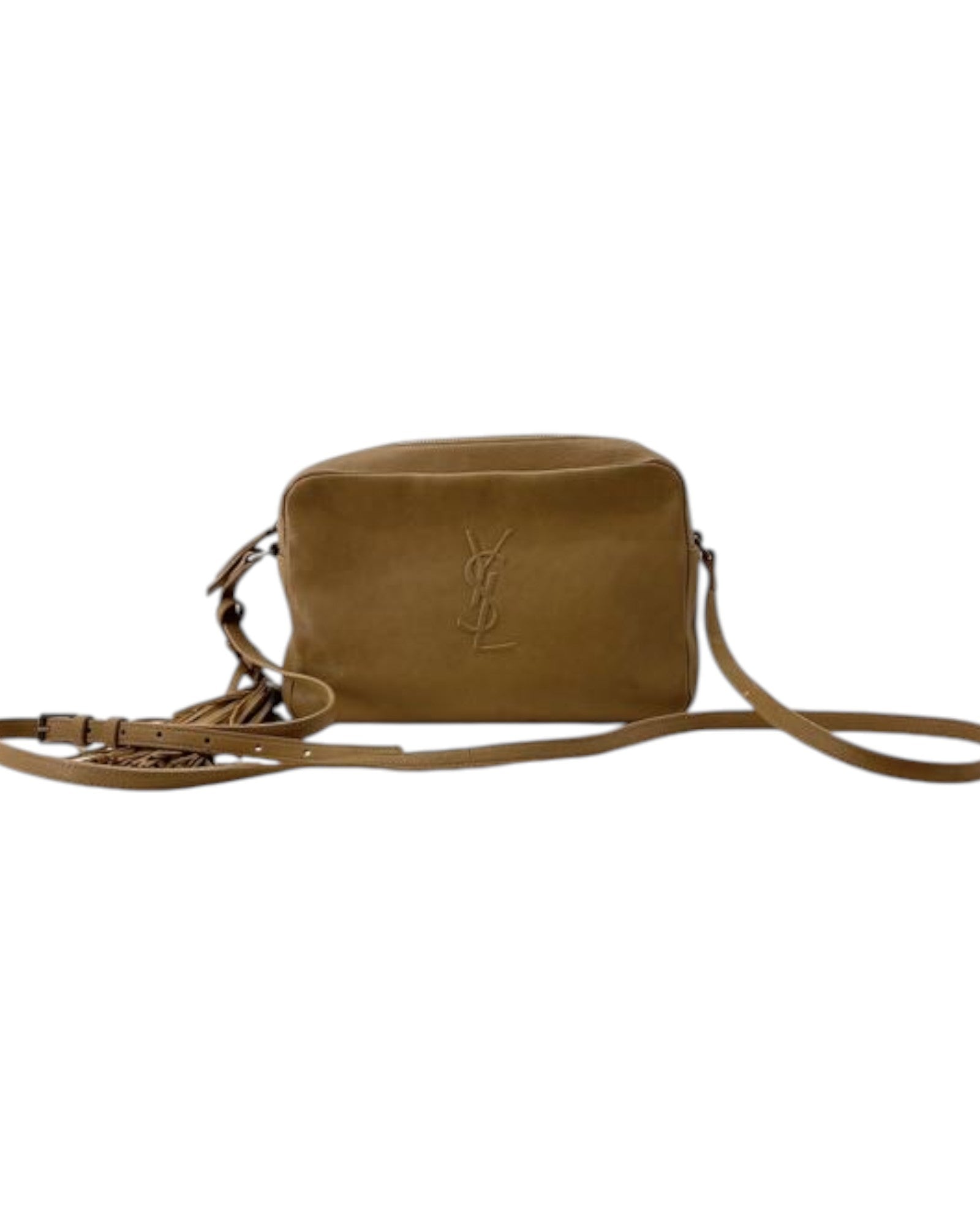 Brown leather handbag with a visible brand logo on a white background