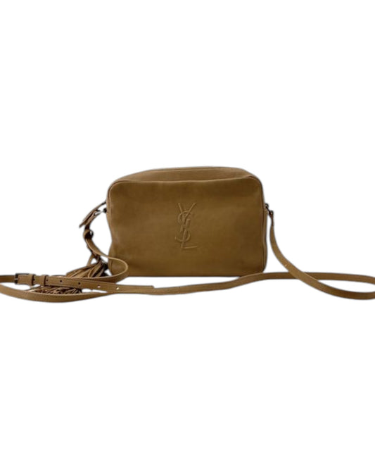 Brown leather handbag with a visible brand logo on a white background