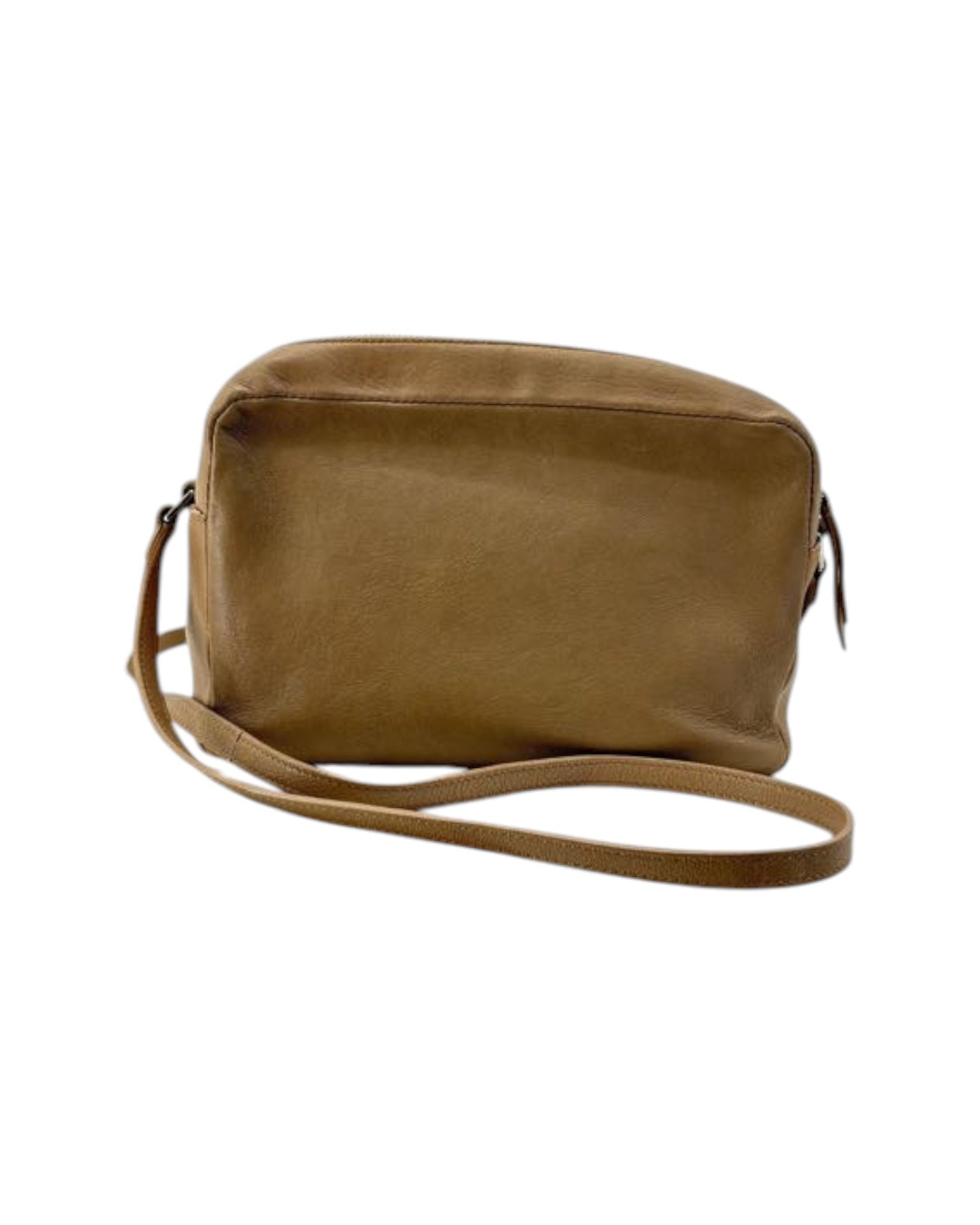 Brown leather crossbody bag on a white background