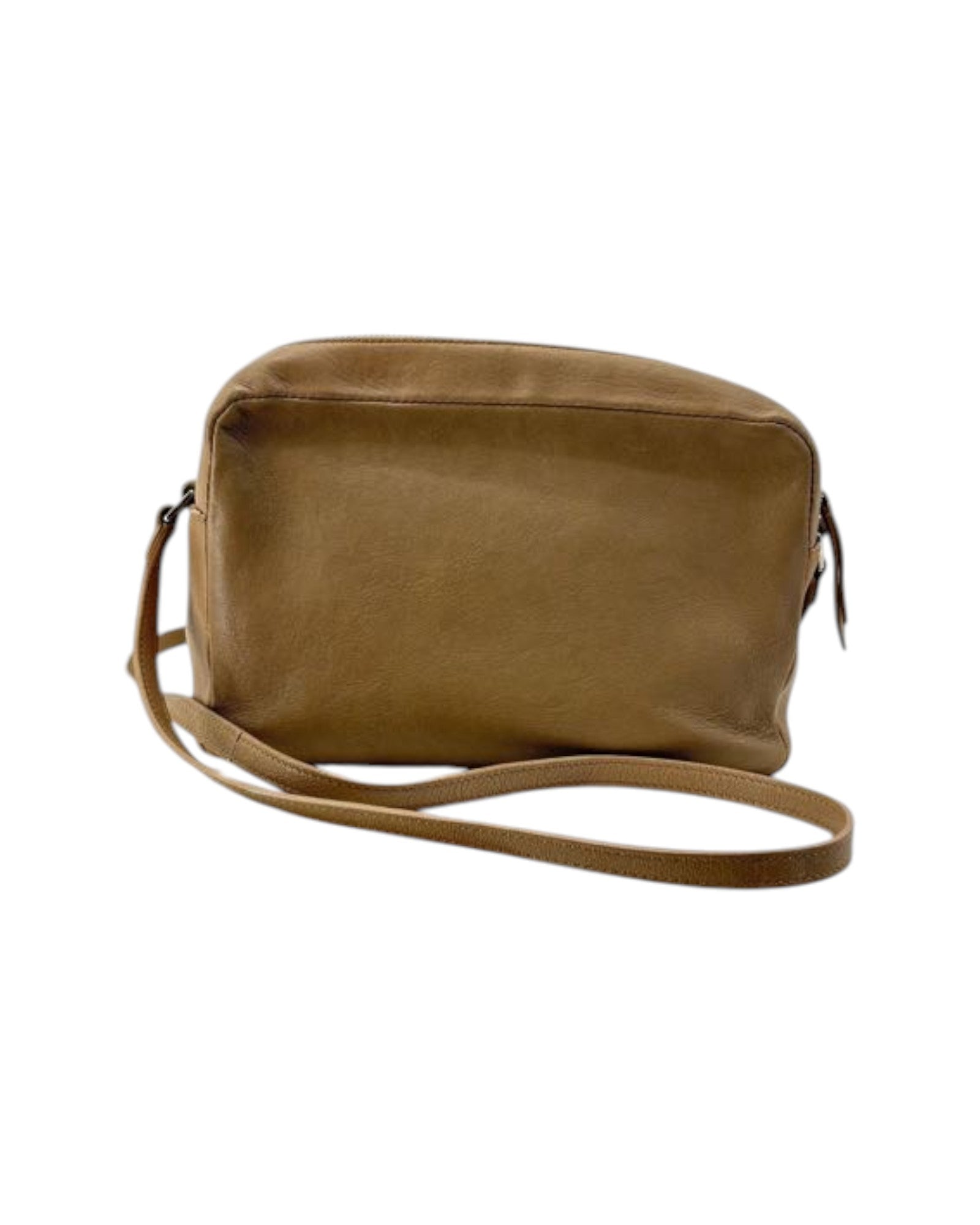 Brown leather crossbody bag on a white background