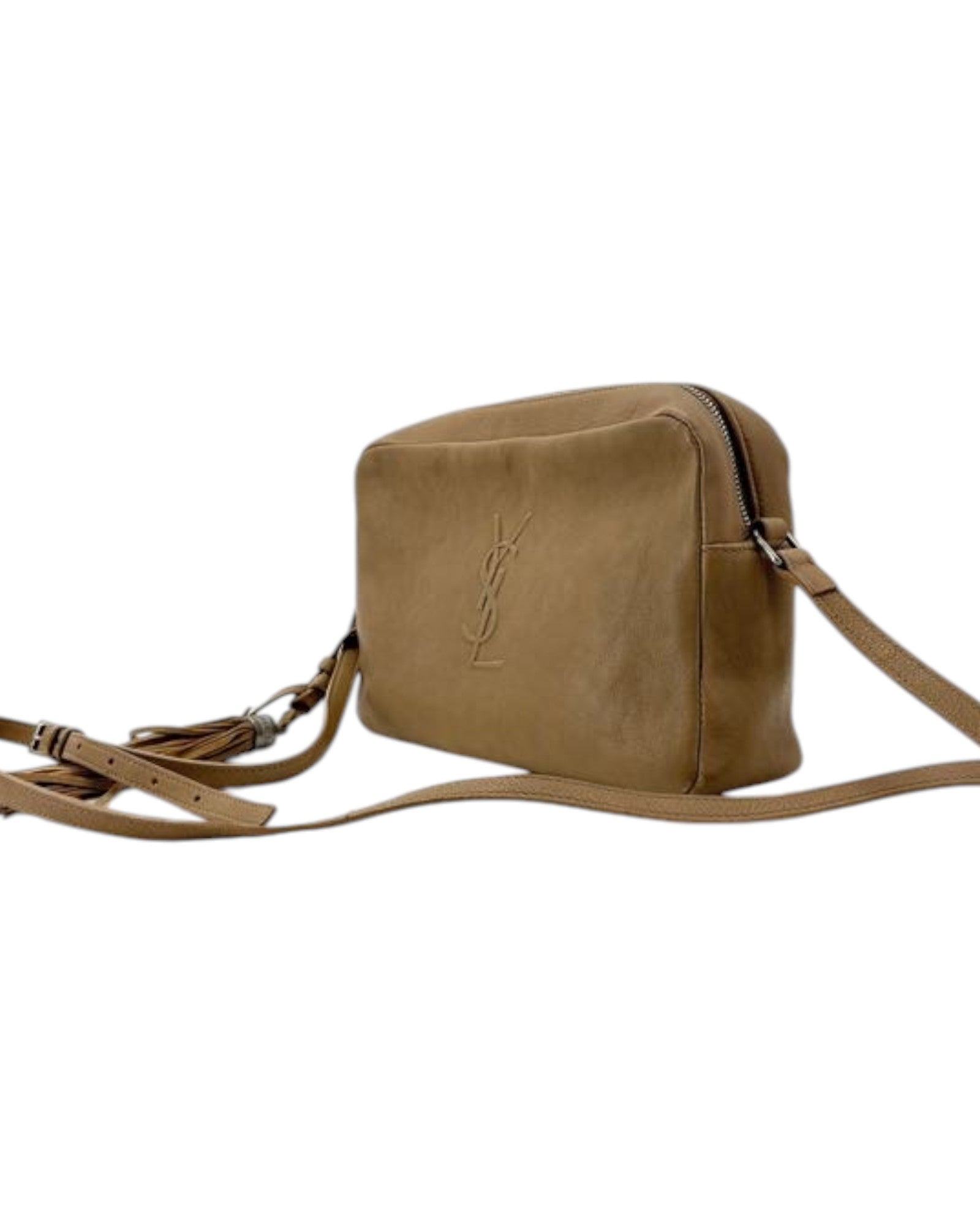Tan leather handbag with a visible brand logo on a white background