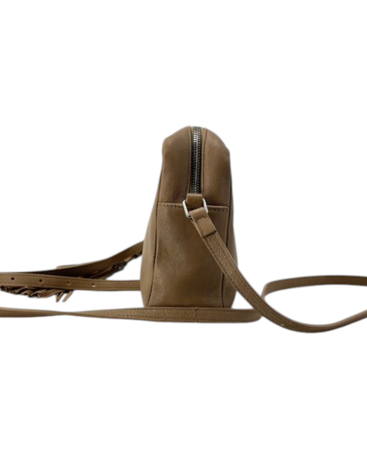 Brown leather crossbody bag on a white background