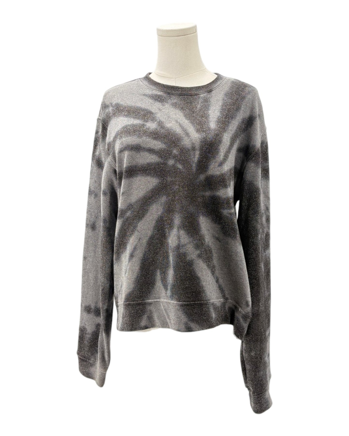Gray tie-dye sweatshirt on a mannequin against a white background