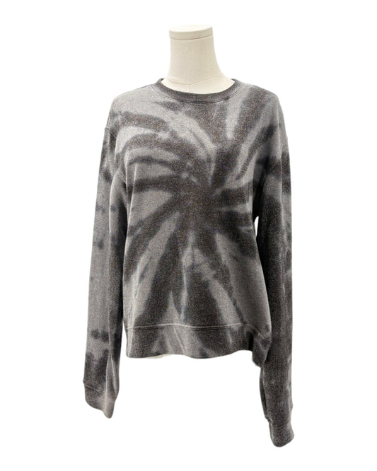 Gray tie-dye sweatshirt on a mannequin against a white background